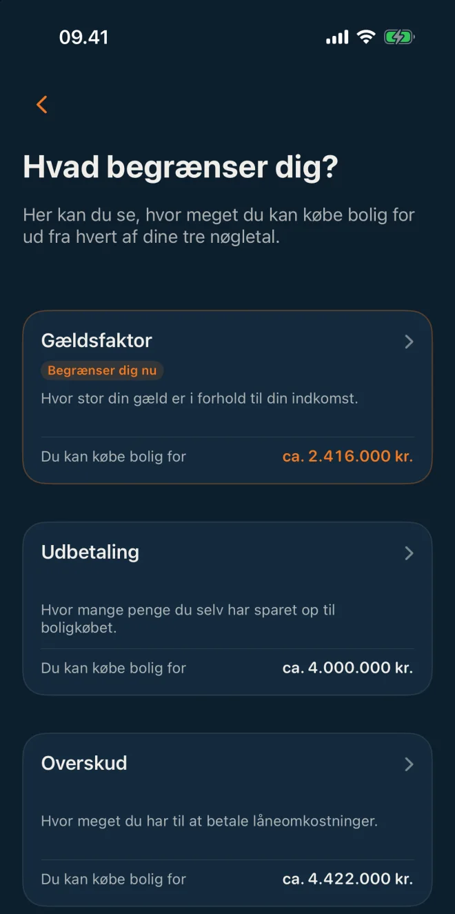 Skærmbillede fra Låneklar: Hvad begrænser dig? med gældsfaktor, udbetaling og overskud